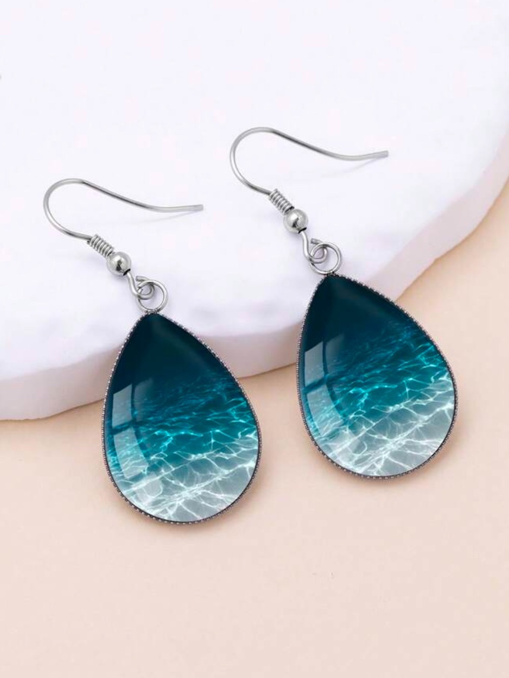 Teardrop Ocean print Blue Dangle Earrings